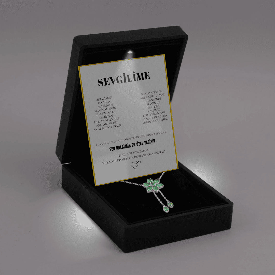 "Sevgilime" Zümrüt Taşlı Bronş Kolye Notlu ve Kutulu
