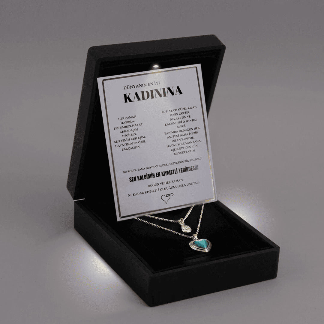 "Kadınına" Deniz Mavisi İkili Kalp Kolye Anlamlı Not ve Kutulu