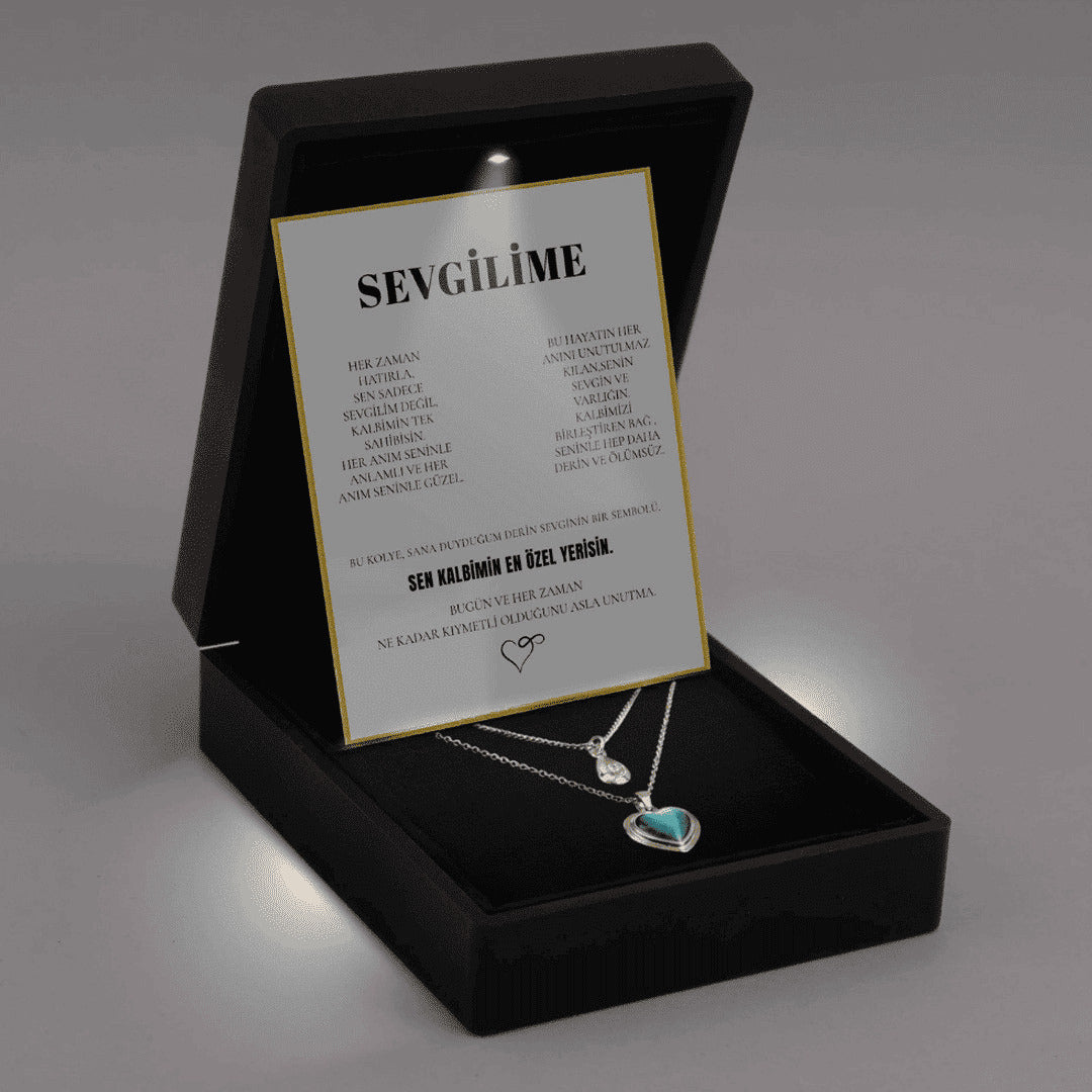 "Sevgilime" Deniz Mavisi İkili Kalp Kolye Anlamlı Not ve Kutulu