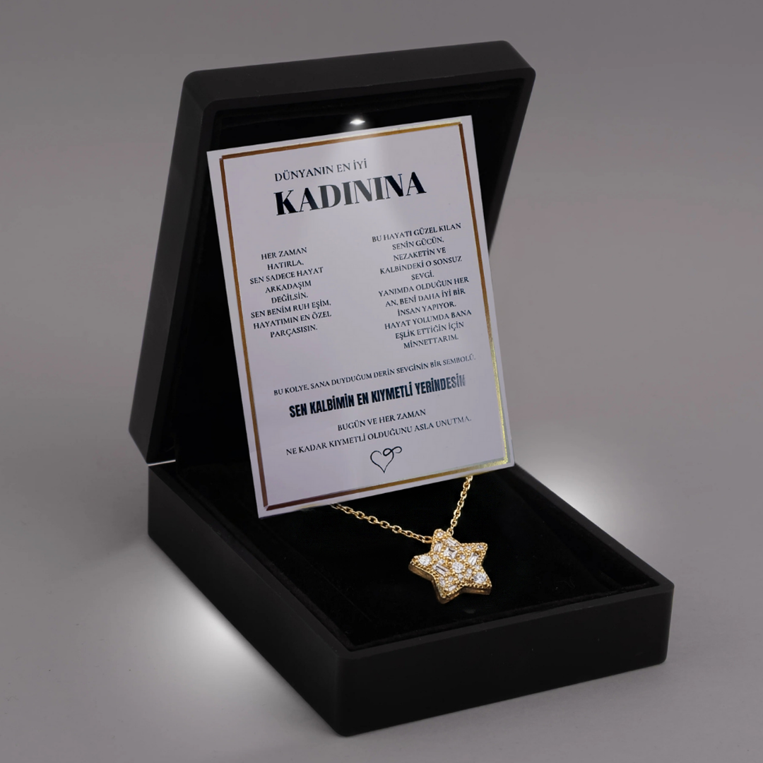 "Kadınına" Elmas İşlemeli Star Kolye Anlamlı Not ve Kutulu