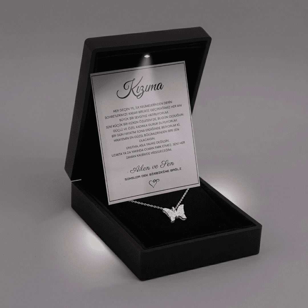 ''Kızıma'' Işıltılı Kelebek Kolye Anlamlı Notlu ve Kutulu