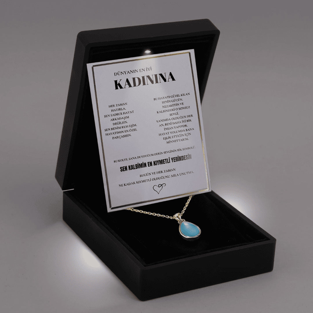 "Kadınına" Deniz Mavisi Doğal Taşlı Damla Kolye Anlamlı Not ve Kutulu