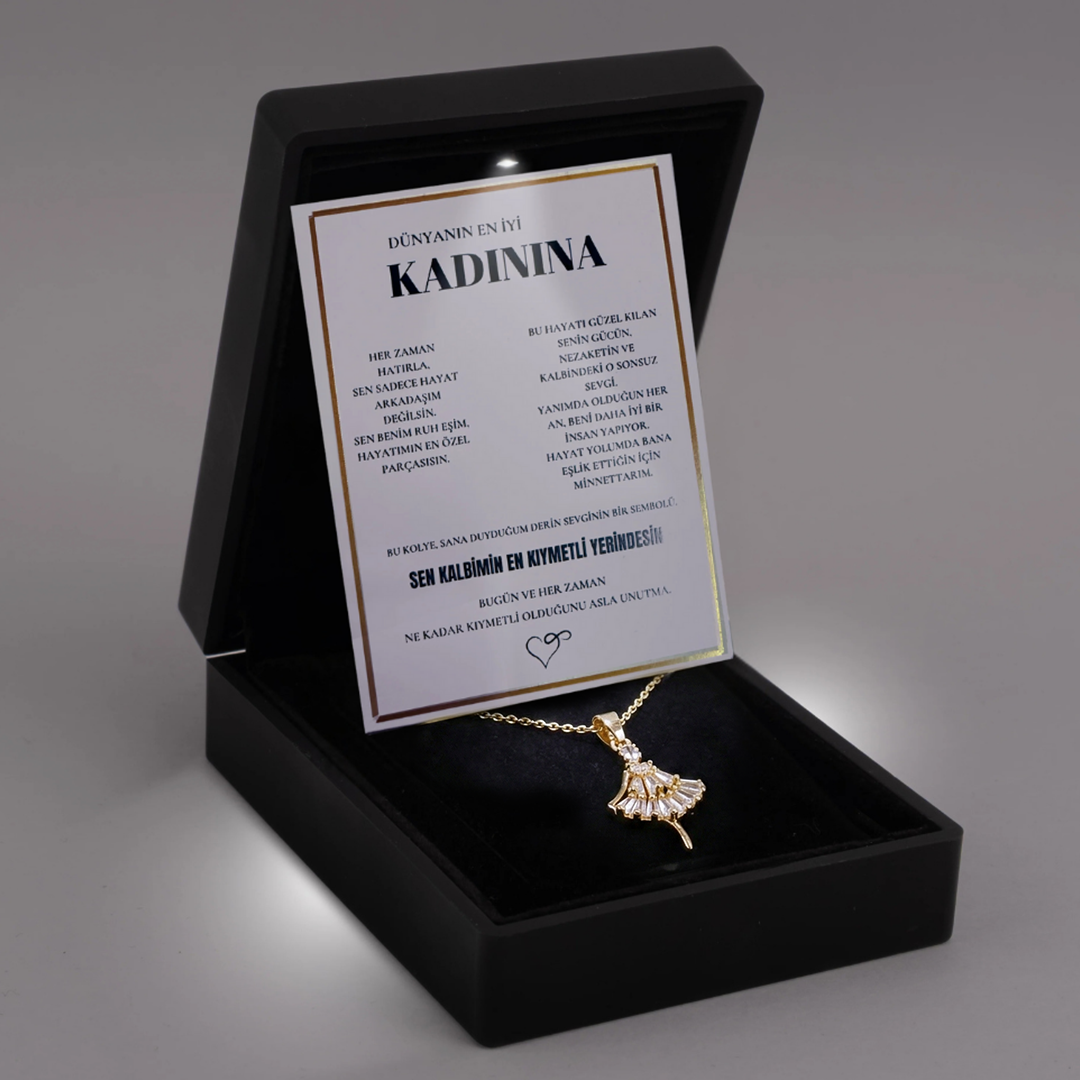 "Kadınına" elmas işlemeli balerin Kolye Anlamlı Not ve Kutulu