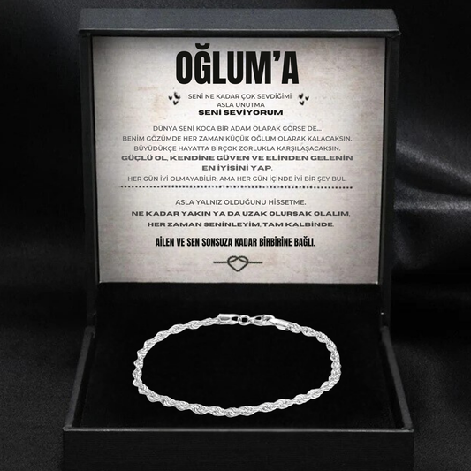''Oğluma'' Erkek Çelik Zincir Bileklik Notlu Kutulu