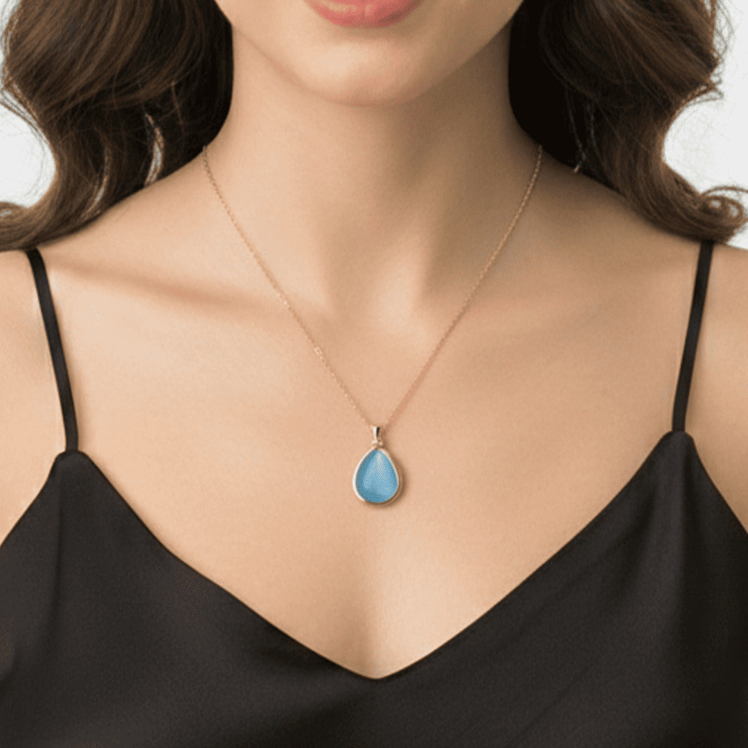 "Sevgilime" Deniz Mavisi Doğal Taşlı Damla Kolye Anlamlı Not ve Kutulu