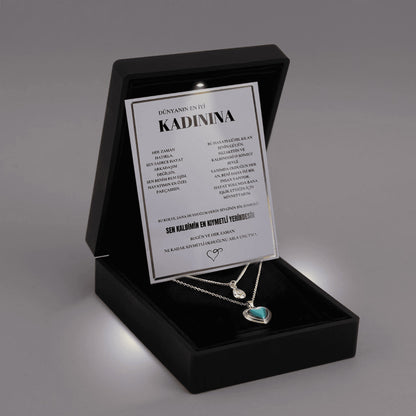 "Kadınına" Deniz Mavisi İkili Kalp Kolye Anlamlı Not ve Kutulu
