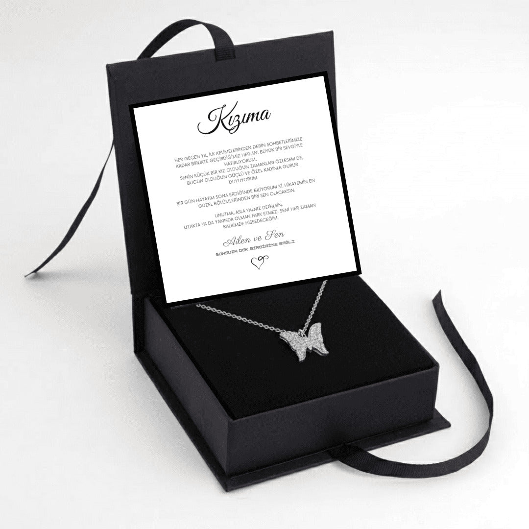 ''Kızıma'' Işıltılı Kelebek Kolye Anlamlı Notlu ve Kutulu