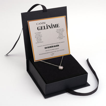 ''Gelinime'' Taşlı Kalp Kolye Notlu ve Hediye Kutulu