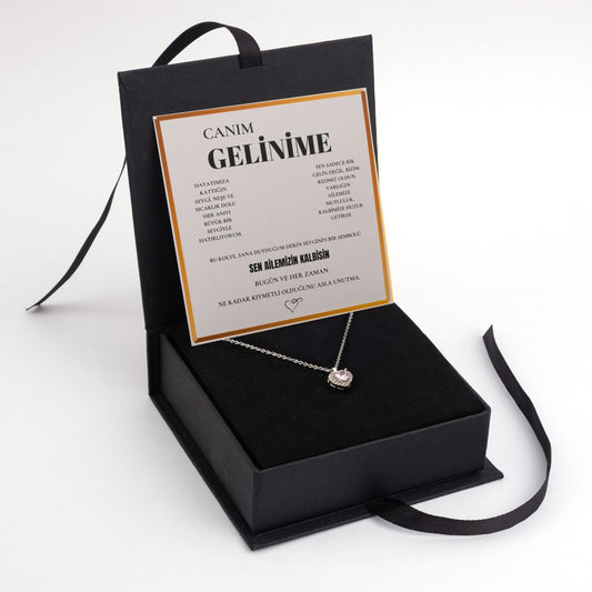 ''Gelinime'' Taşlı Kalp Kolye Notlu ve Hediye Kutulu