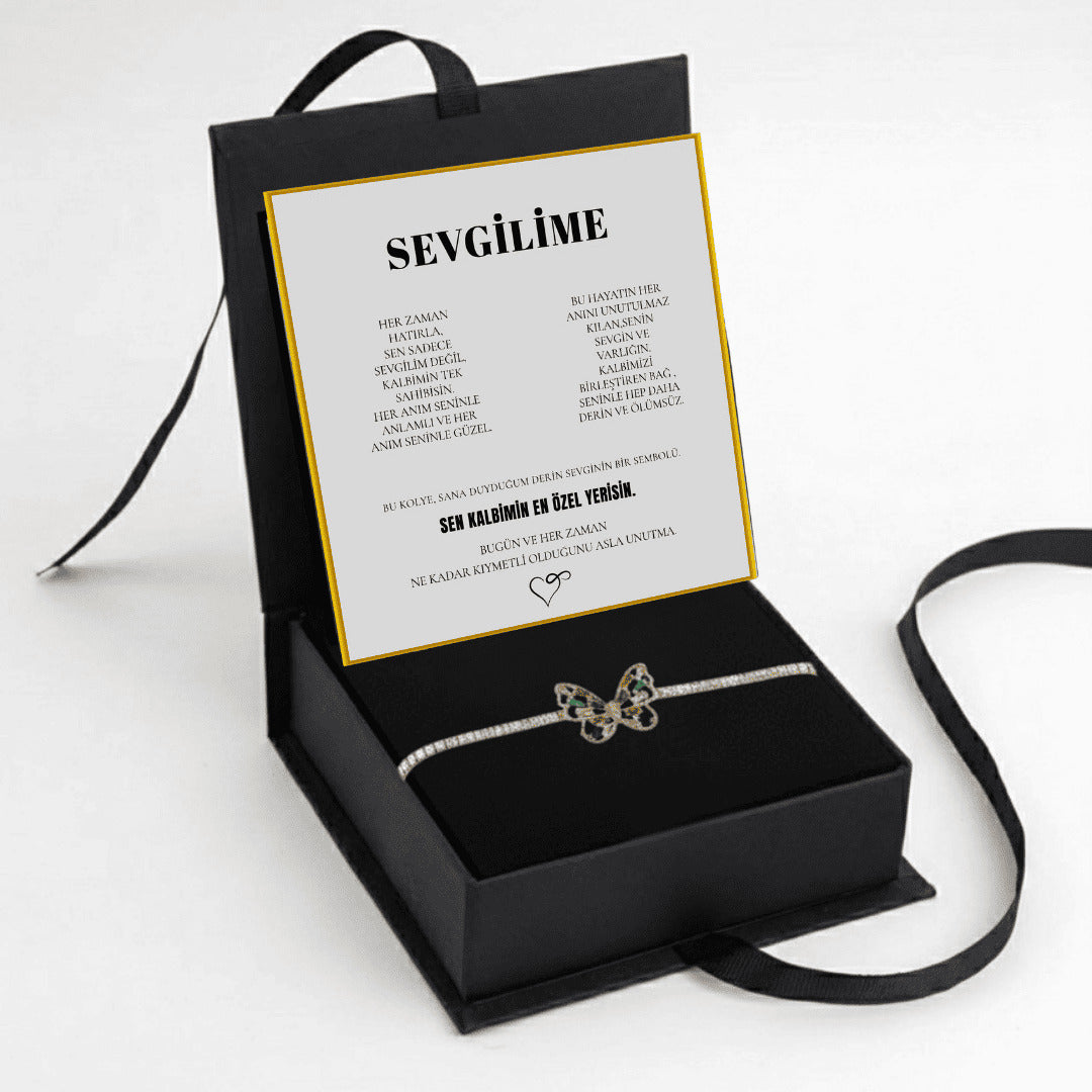 "Sevgilime" Harmoni Kristal Taşlı Kelebek Bileklik Notlu ve Kutulu