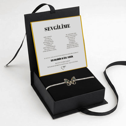 "Sevgilime" Harmoni Kristal Taşlı Kelebek Bileklik Notlu ve Kutulu