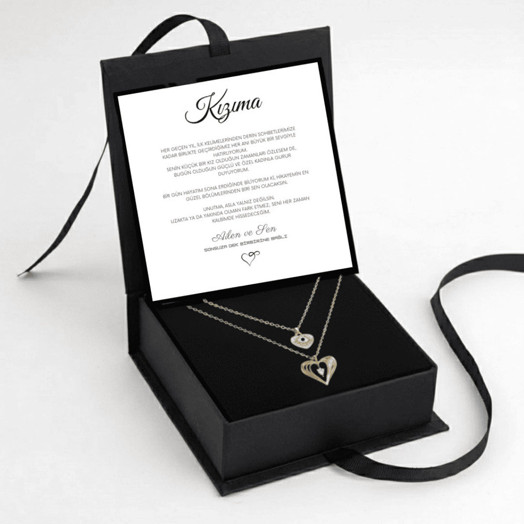 "Kızıma" Çift Kalp Kolye Anlamlı Not ve Kutulu