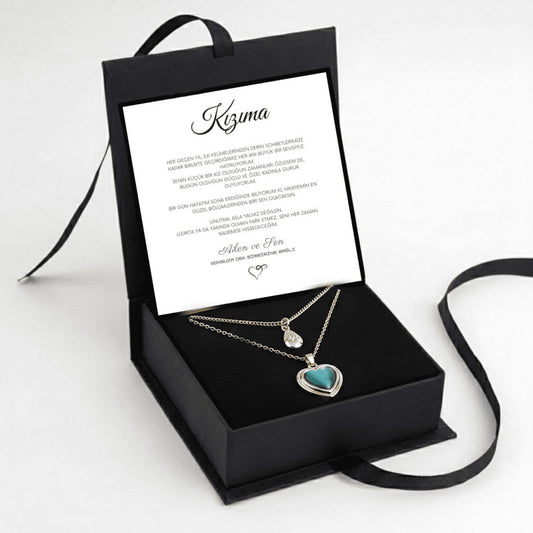 "Kızıma" Deniz Mavisi İkili Kalp Kolye Anlamlı Not ve Kutulu
