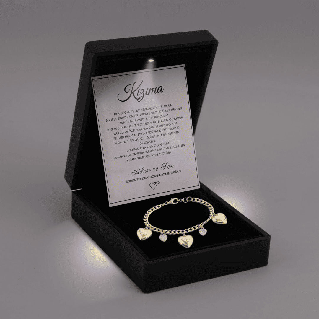 "Kızıma" Balon Kalpli, Charmlı Bileklik Anlamlı Not ve Kutulu