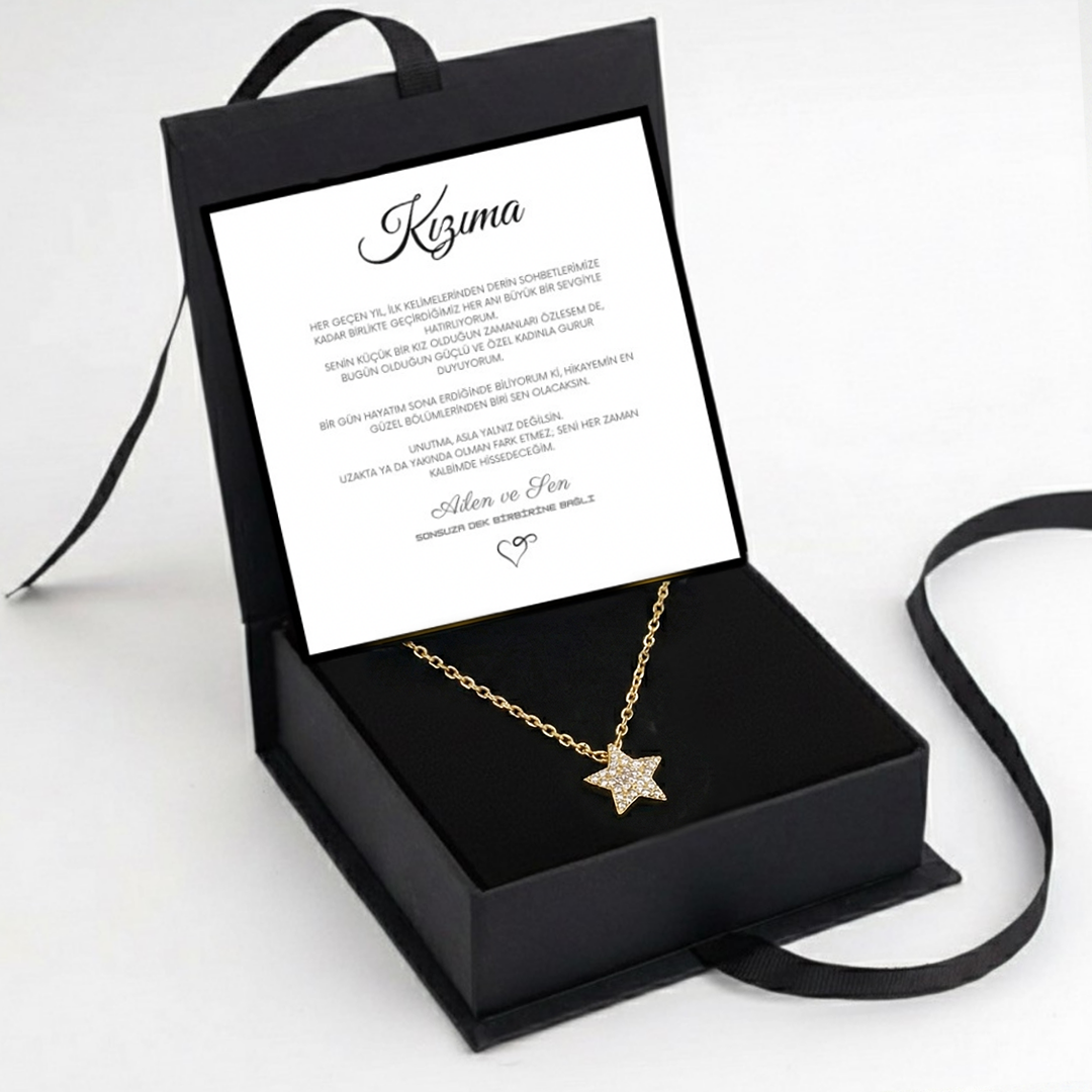 "Kızıma" Elmas İşlemeli Star Kolye Anlamlı Not ve Kutulu