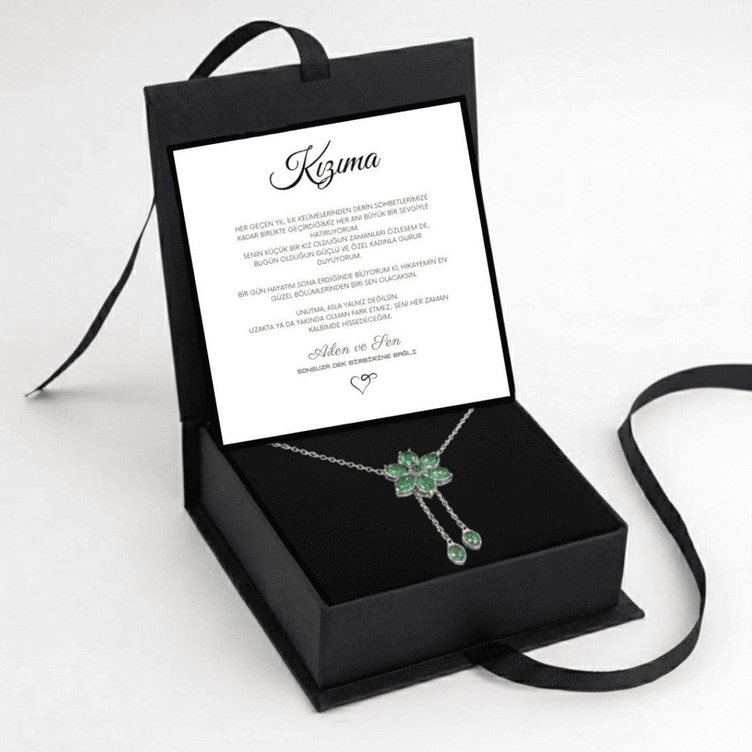 "Kızıma" Zümrüt Taşlı Bronş Kolye Notlu ve Kutulu