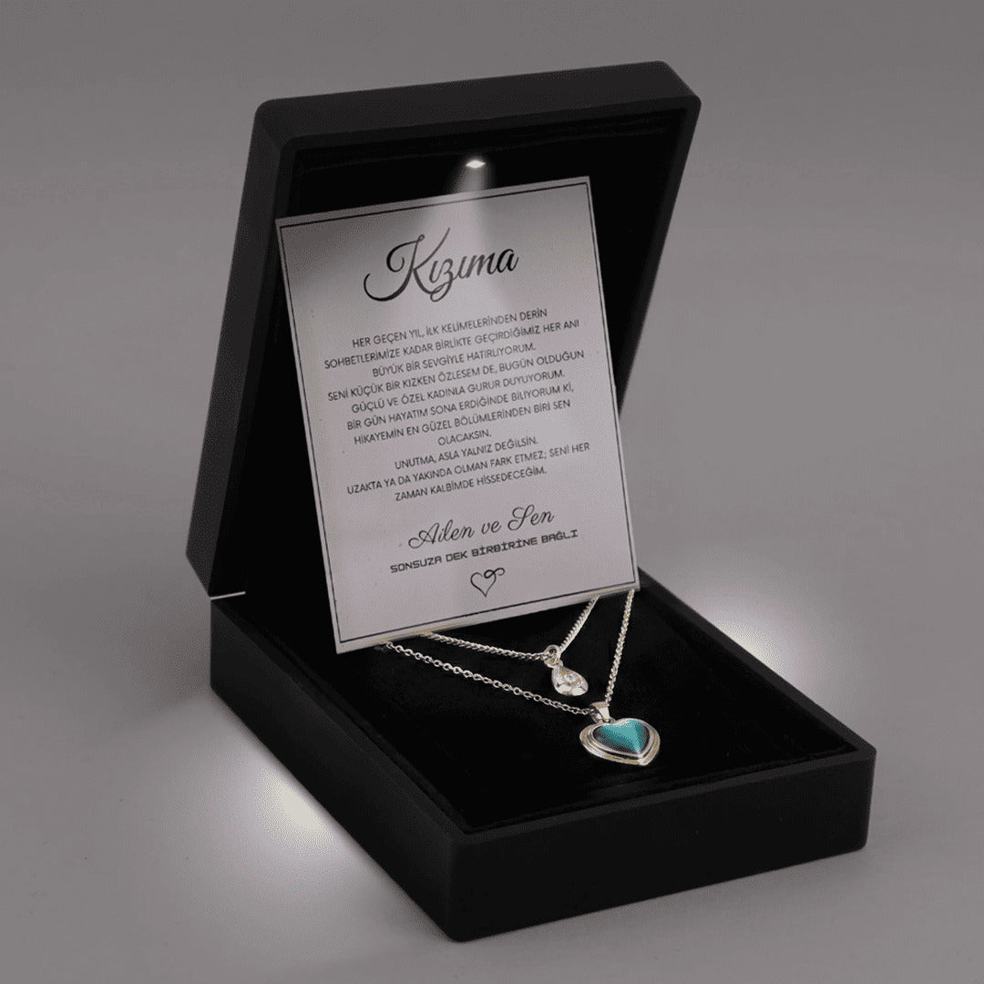 "Kızıma" Deniz Mavisi İkili Kalp Kolye Anlamlı Not ve Kutulu