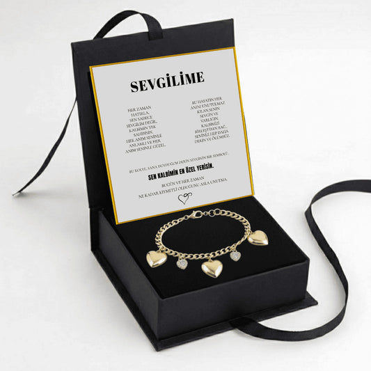 "Sevgilime" Aşk Zinciri Kalpli Charmlı Bileklik Notlu ve Kutulu
