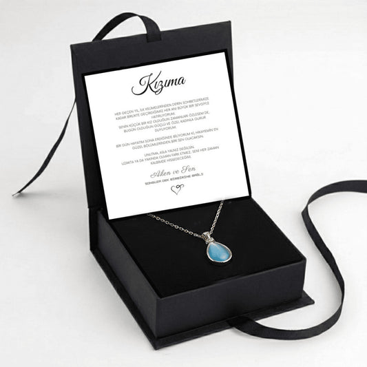 "Kızıma" Deniz Mavisi Doğal Taşlı Damla Kolye Anlamlı Not ve Kutulu
