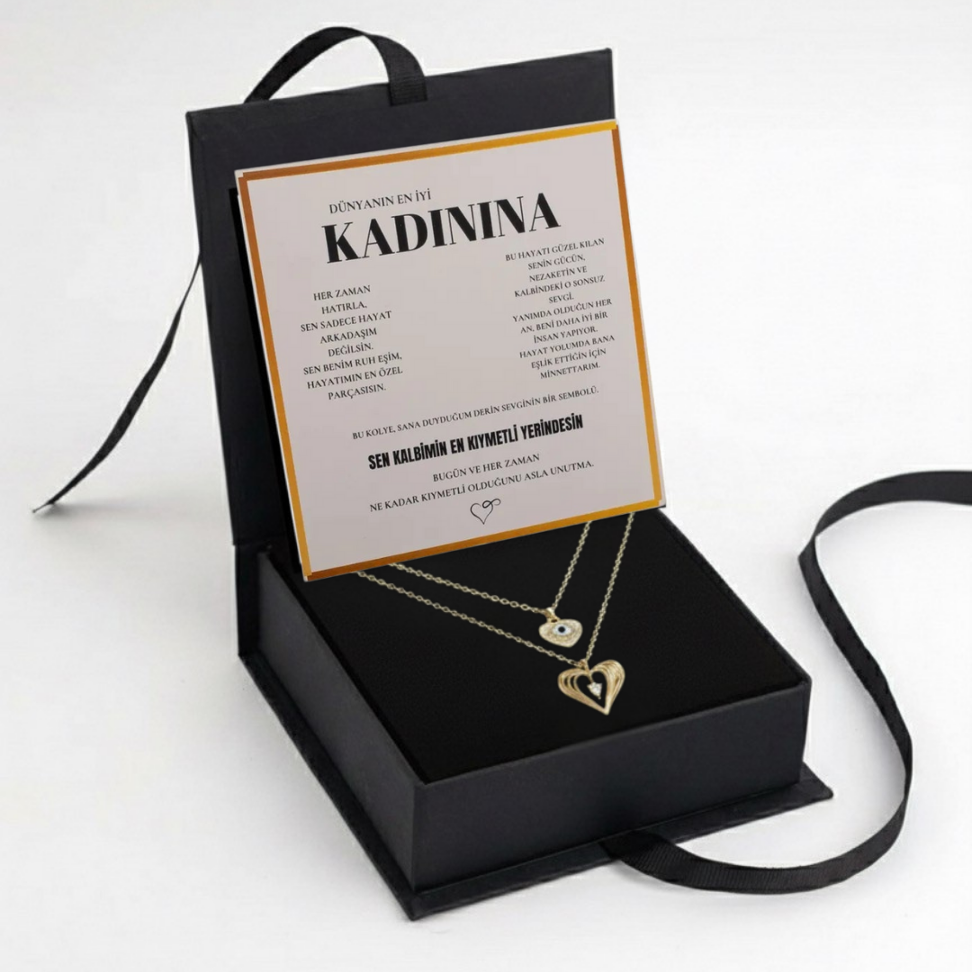 "Kadınına" Çift Kalp Kolye Anlamlı Not ve Kutulu