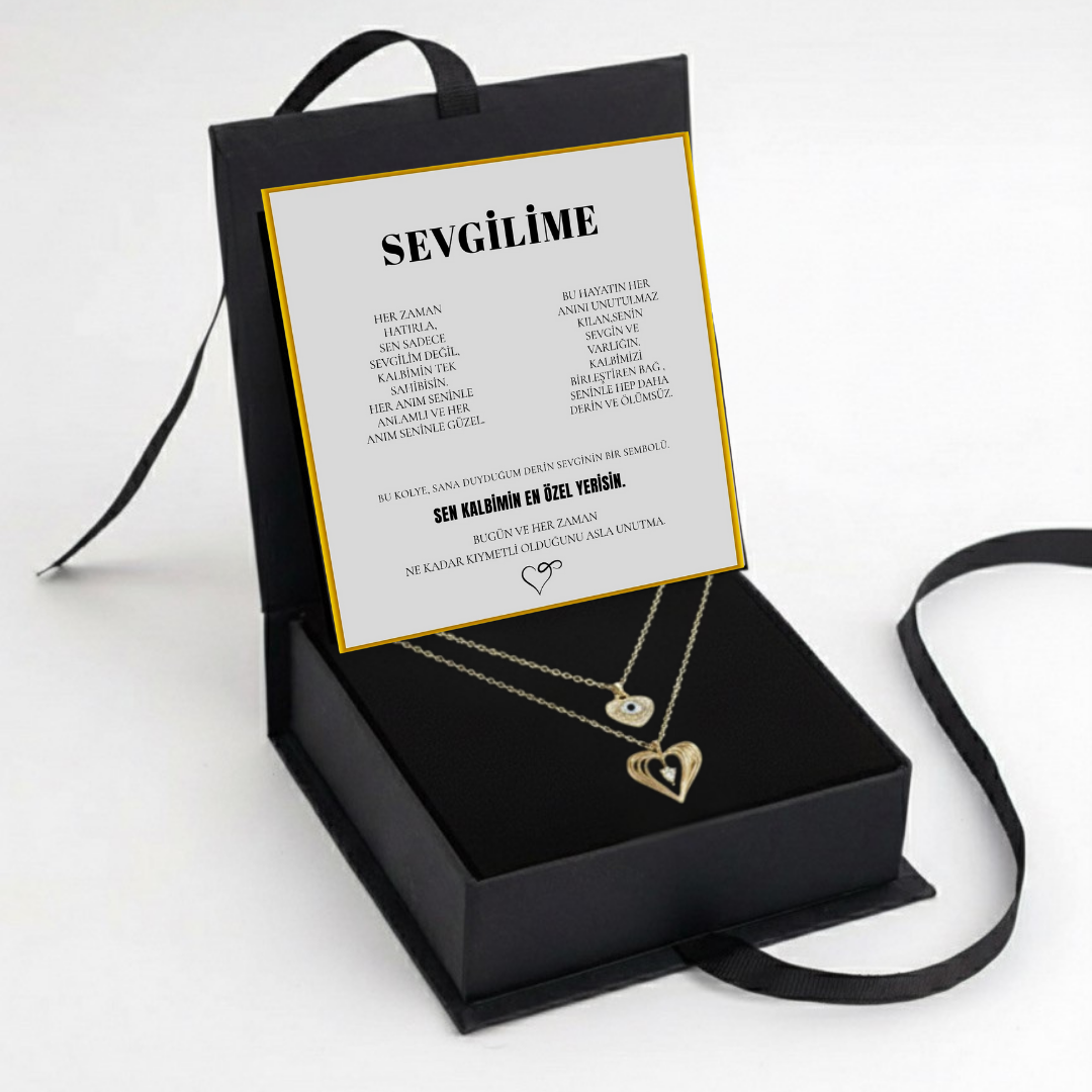 "Sevgilime" Çift Kalp Kolye Anlamlı Not ve Kutulu