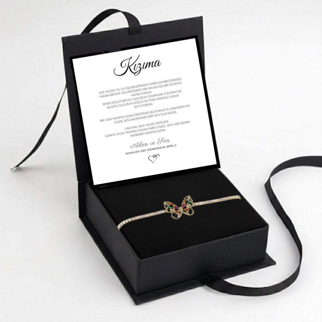 "Kızıma" Harmoni Kristal Taşlı Kelebek Bileklik Notlu ve Kutulu