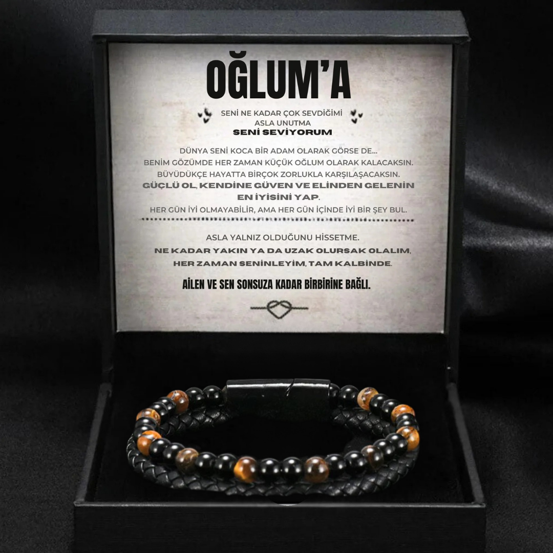 ''Oğluma Kaplan Gözü Koruma''Bileklik Notlu ve Hediye Kutulu