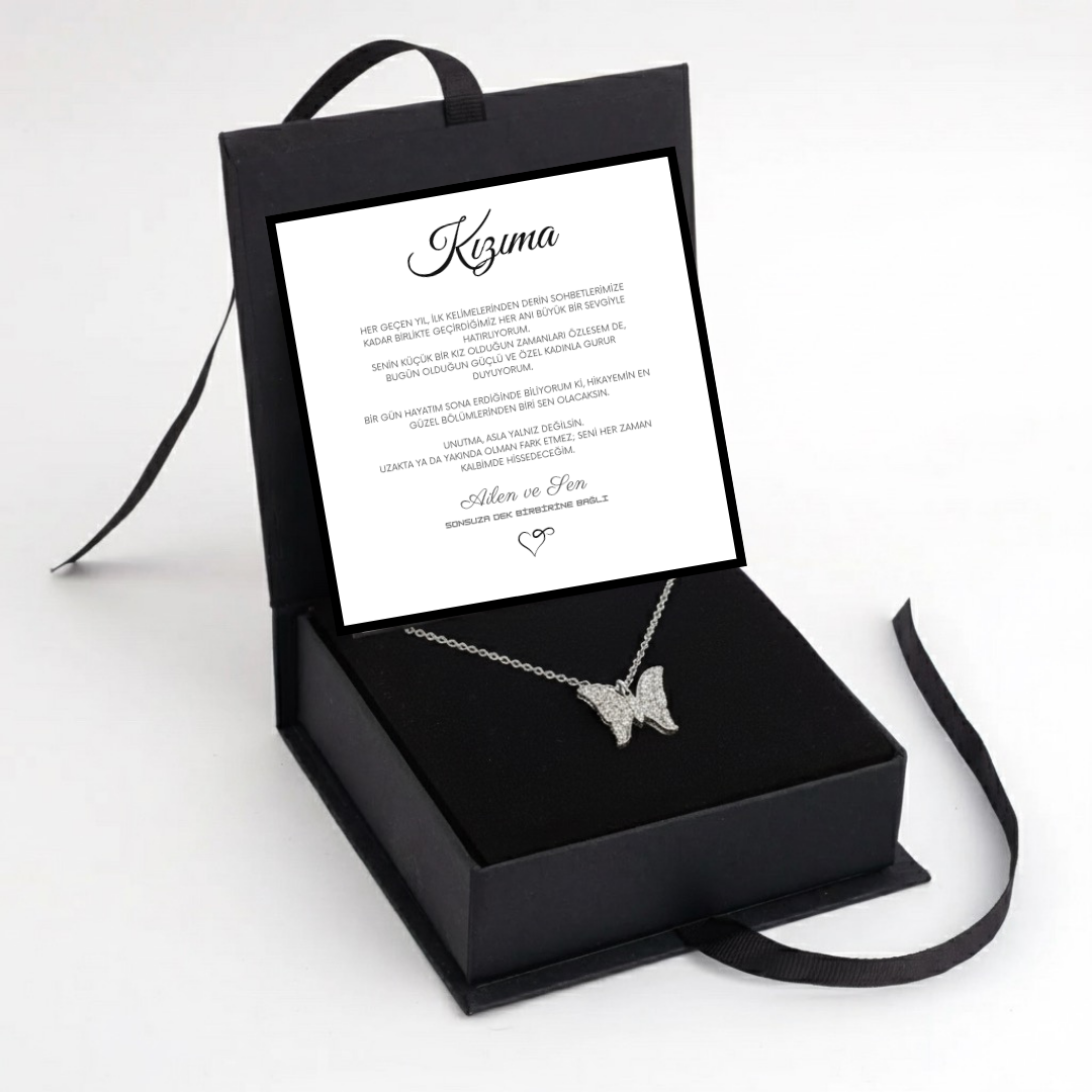 ''Kızıma'' Işıltılı Kelebek Kolye Anlamlı Notlu ve Kutulu