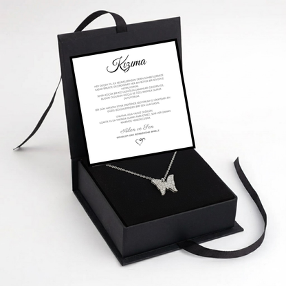 ''Kızıma'' Işıltılı Kelebek Kolye Anlamlı Notlu ve Kutulu