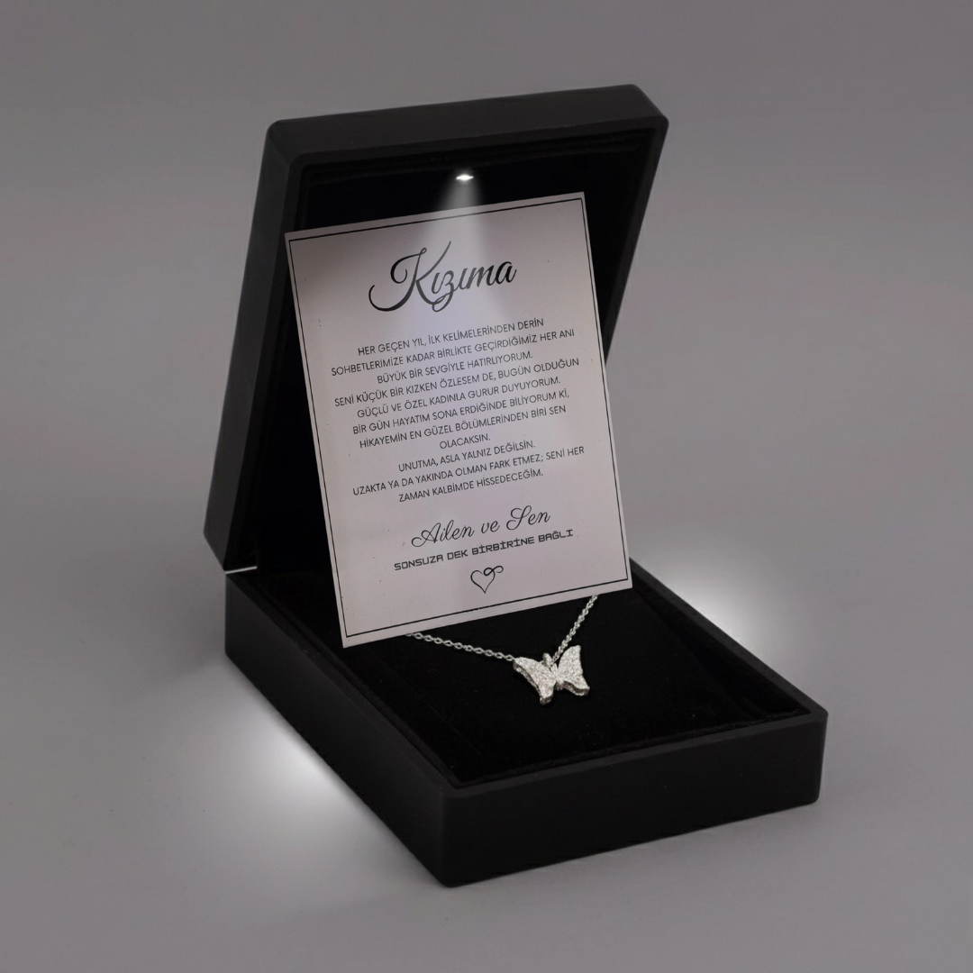 ''Kızıma'' Işıltılı Kelebek Kolye Anlamlı Notlu ve Kutulu