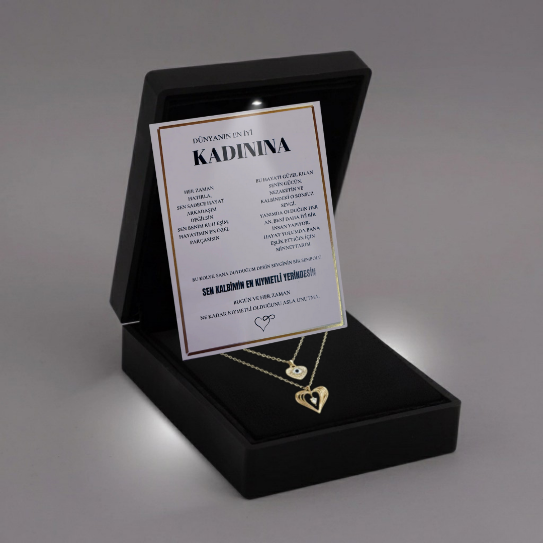 "Kadınına" Çift Kalp Kolye Anlamlı Not ve Kutulu