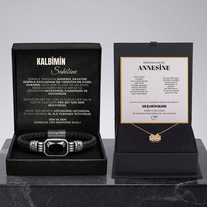 Kalbimin Sahibine Fantastik Oniks Doğal Taş Bileklik + Dünyanın En İyi Annesine Yonca Kolye