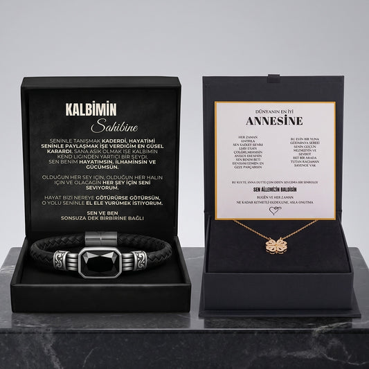 Kalbimin Sahibine Fantastik Oniks Doğal Taş Bileklik + Dünyanın En İyi Annesine Yonca Kolye