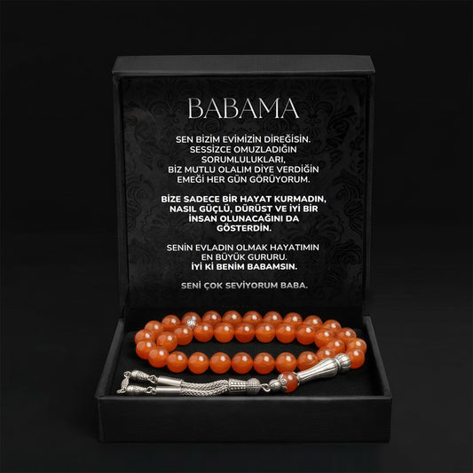 Babama Usta İşçilik ile Şekillenmiş Turuncu Doğal Taş Akik Tesbihi Hakikat Işığı ve Sarsılmaz Karakter