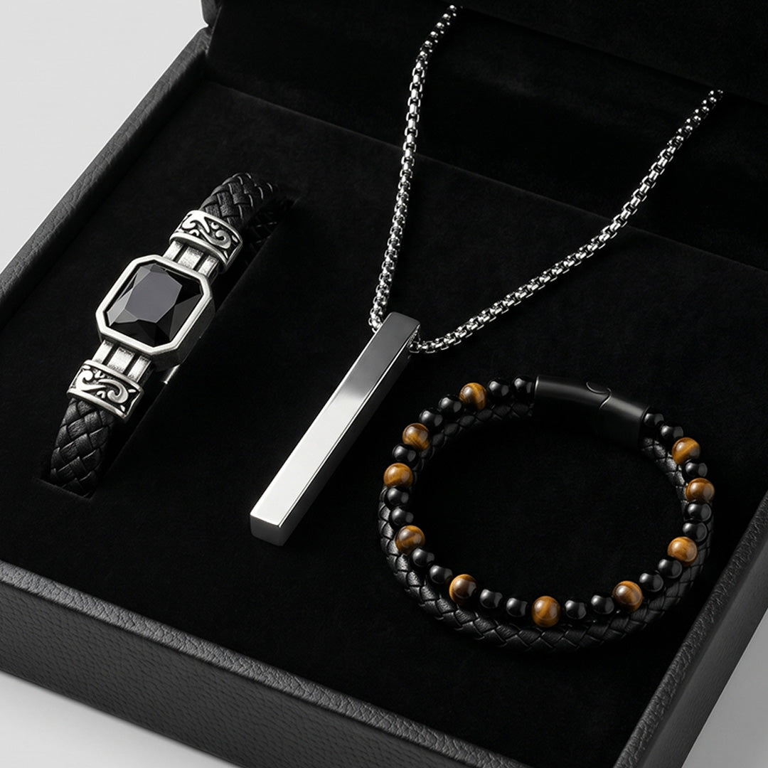 Kalbimin Sahibine Fantastik Oniks Doğal Taş Bileklik + Çubuk Kolye + Kaplan Gözü Bileklik