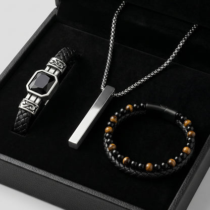 Kalbimin Sahibine Fantastik Oniks Doğal Taş Bileklik + Çubuk Kolye + Kaplan Gözü Bileklik