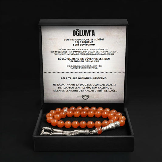 ''Oğluma'' Usta İşçilik ile Şekillenmiş Turuncu Doğal Taş Akik Tesbihi Hakikat Işığı ve Sarsılmaz Karakter