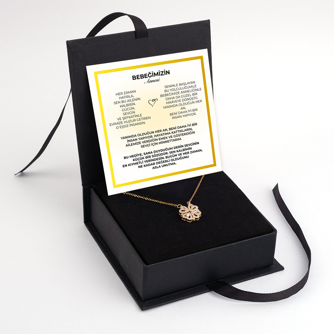''Bebeğimizin Annesi'' Yonca Kolye Anlamlı Not ve Kutulu