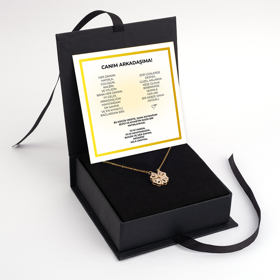 ''Canım Arkadaşıma'' Yonca Kolye Anlamlı Not ve Kutulu