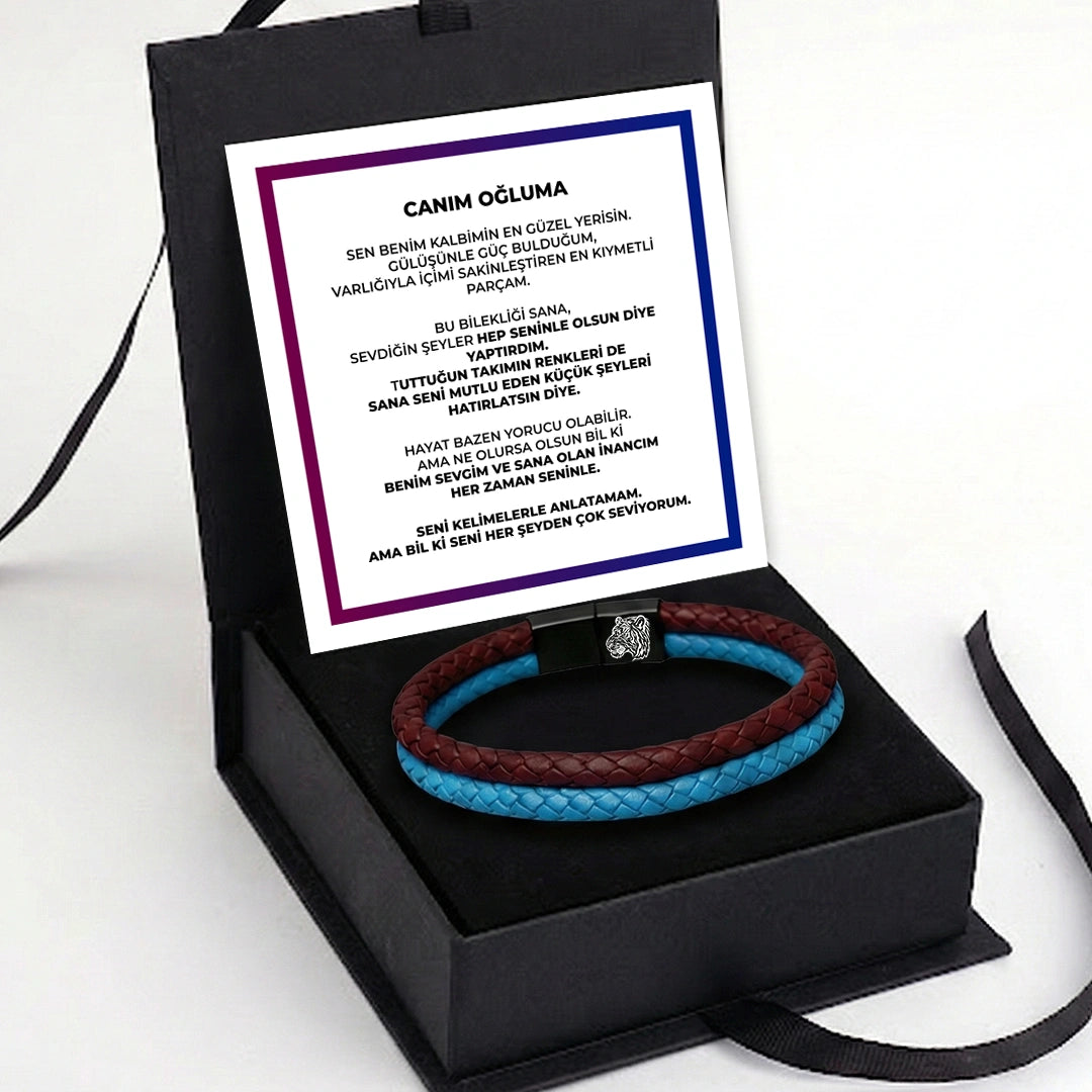''Canım Oğluma'' Bordo - Mavi Takım Bilekliği Hazır Hediye Paketi