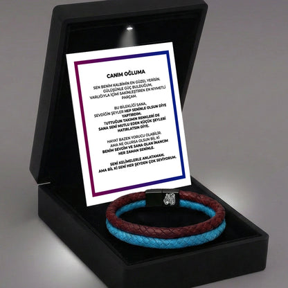 ''Canım Oğluma'' Bordo - Mavi Takım Bilekliği Hazır Hediye Paketi