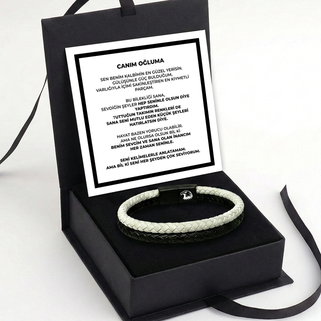 ''Canım Oğluma'' Siyah - Beyaz Takım Bilekliği Hazır Hediye Paketi