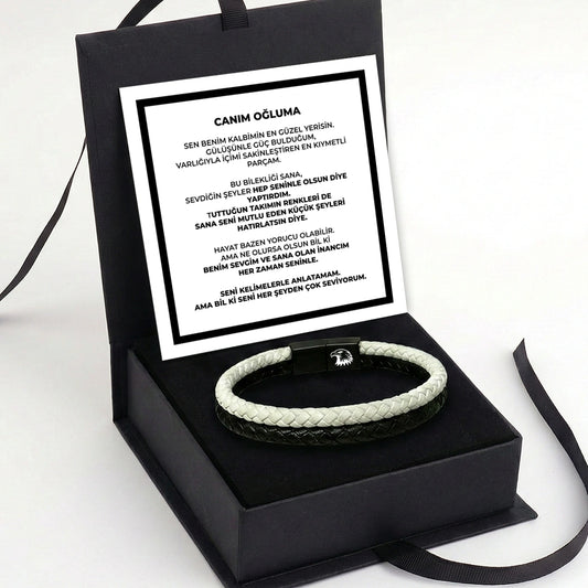 ''Canım Oğluma'' Siyah - Beyaz Takım Bilekliği Hazır Hediye Paketi