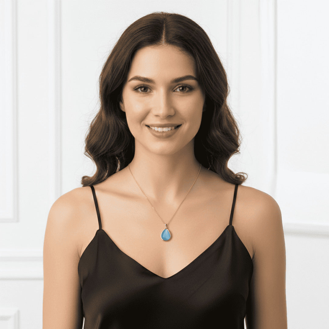 "Sevgilime" Deniz Mavisi Doğal Taşlı Damla Kolye Anlamlı Not ve Kutulu