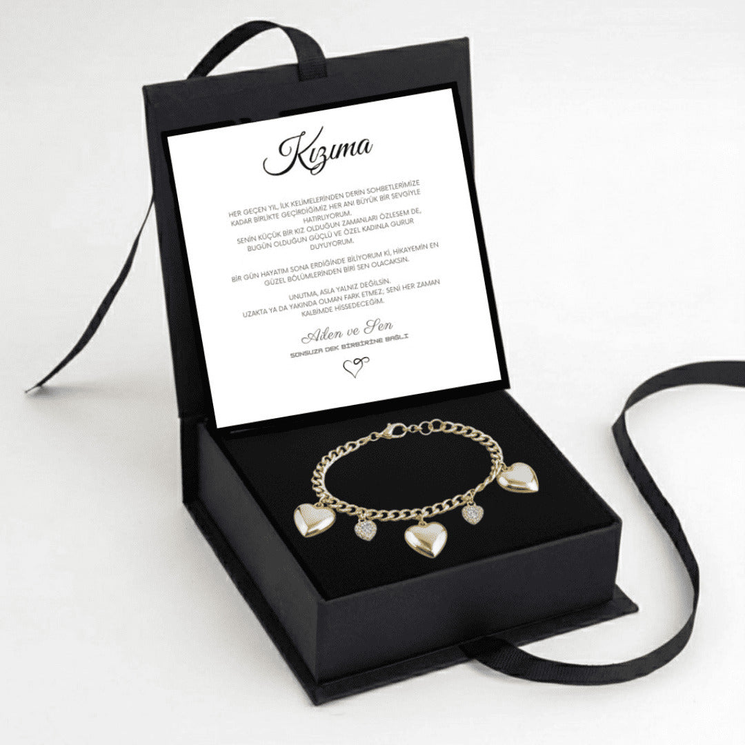 "Kızıma" Balon Kalpli, Charmlı Bileklik Anlamlı Not ve Kutulu