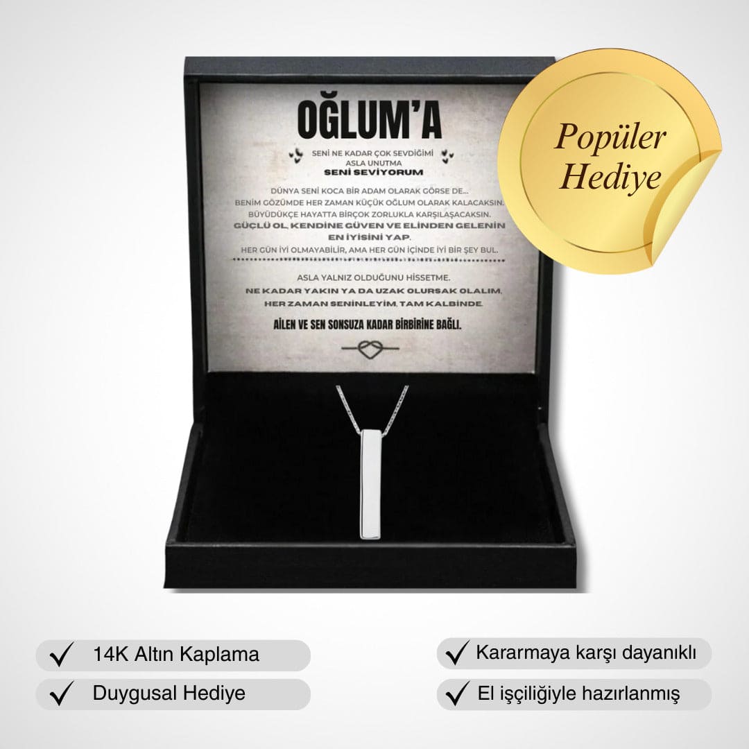 ''Oğluma'' Çubuk Kolye Anlamlı Not ve Kutulu