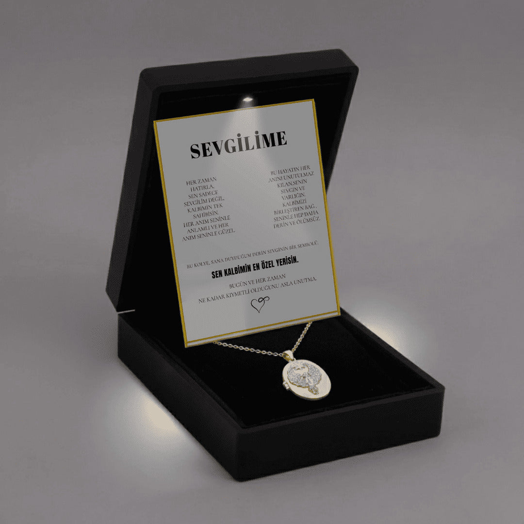 "Sevgilime" Fotoğraflı El İşleme Taşlı Kolye Anlamlı Not ve Kutulu