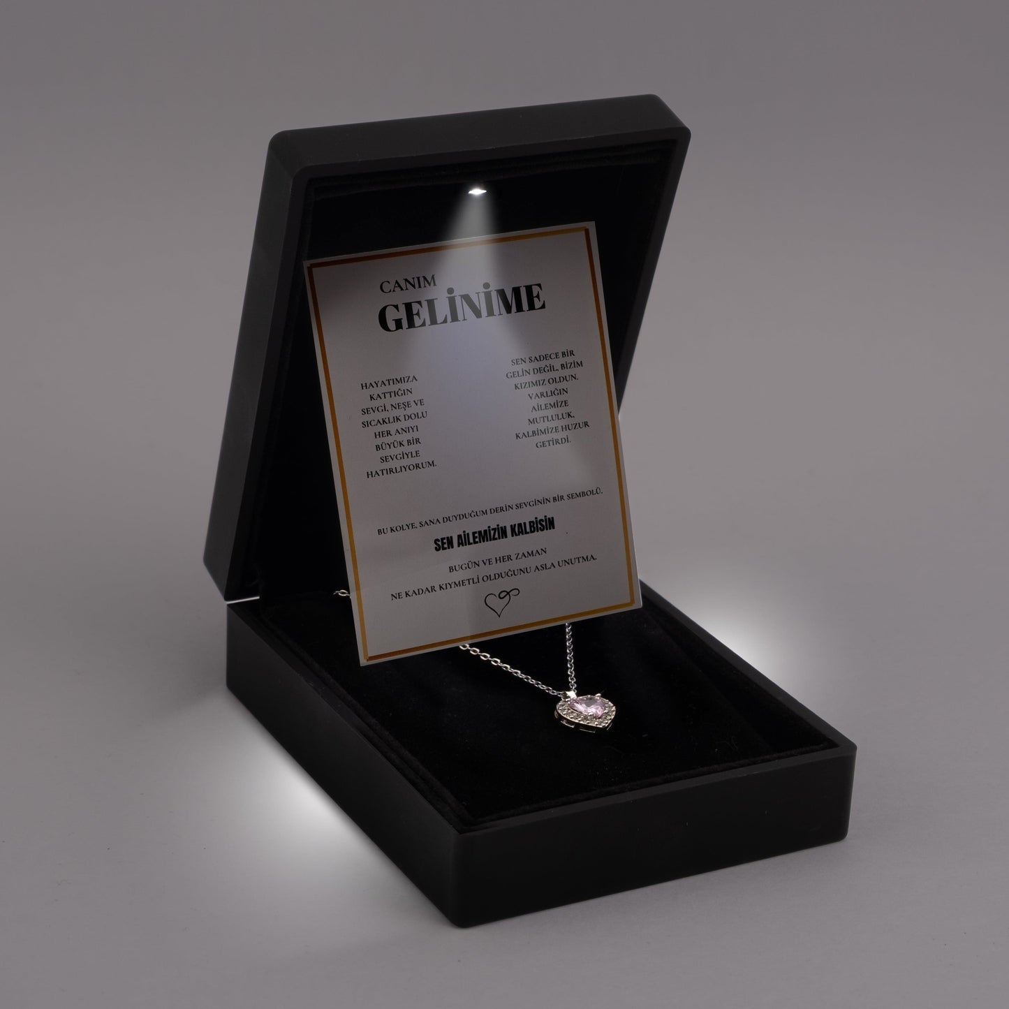 ''Gelinime'' Taşlı Kalp Kolye Anlamlı Not ve Kutulu