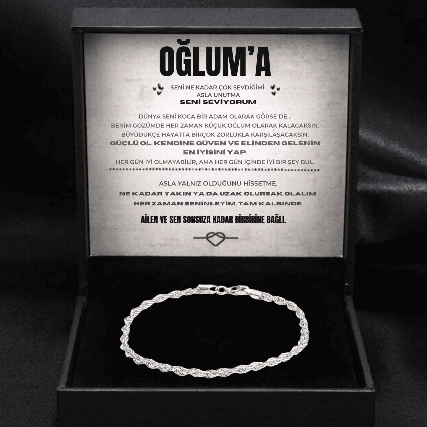 ''Oğluma'' Erkek Çelik Zincir Bileklik Anlamlı Not ve Kutulu