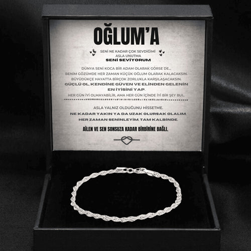 ''Oğluma'' Erkek Çelik Zincir Bileklik Anlamlı Not ve Kutulu